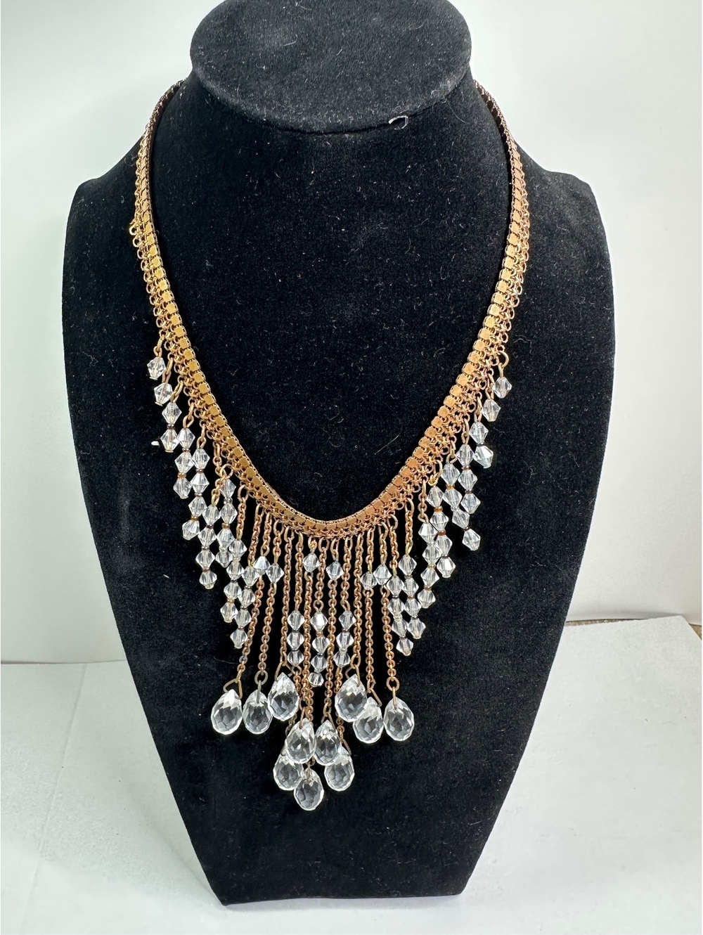 Art Deco Gold Tone Chain Waterfall Bib Necklace Faceted Crystal Drop
